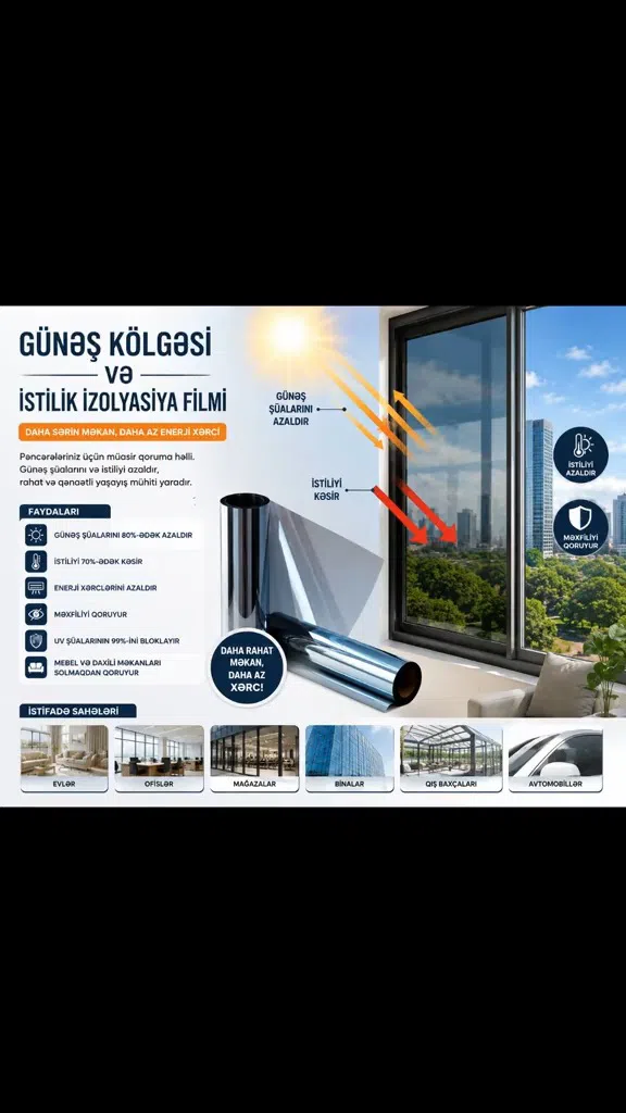 Pəncərə üçün günəşdən qoruyan UV plyonka - Tenderyard