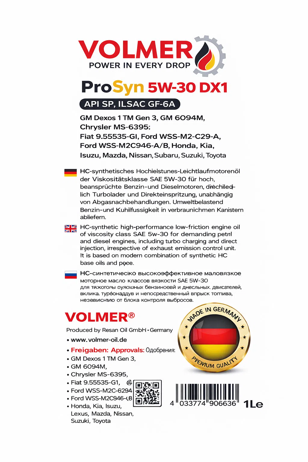 Volmer ProSyn 5W-30 DX1 Motor Yağı, 1 L