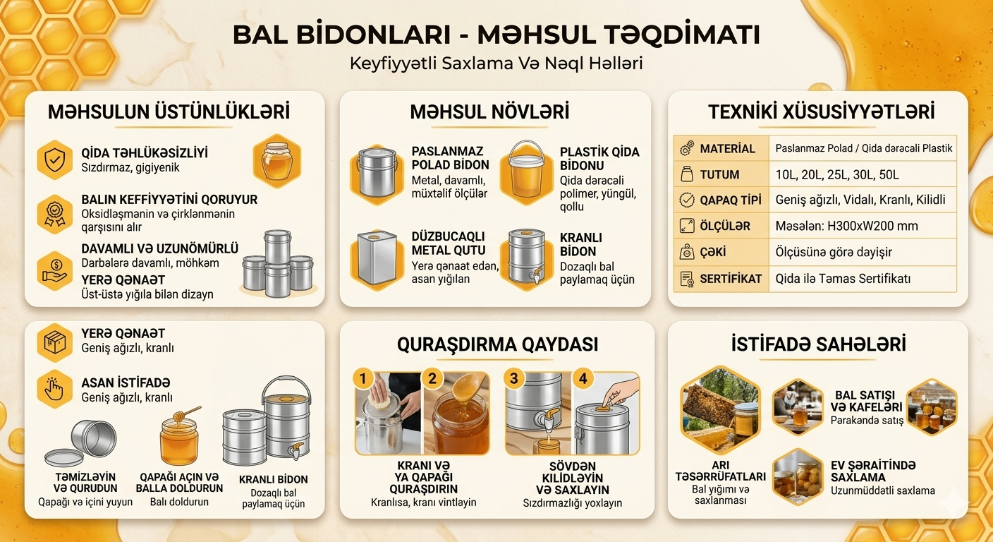 Bal üçün qida dərəcəli plastik və metal bidonlar — şəkil 2