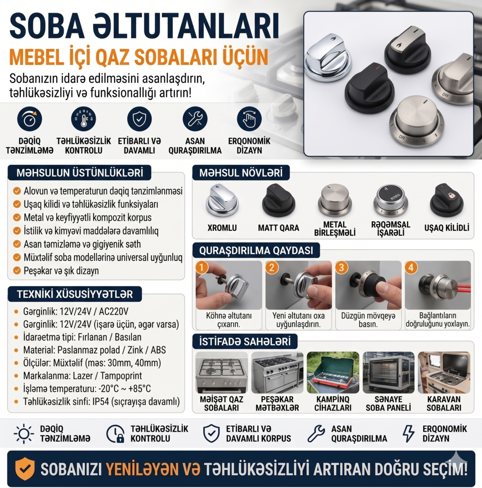 Qaz sobası üçün idarəetmə düymələri və tutacaqları — şəkil 14