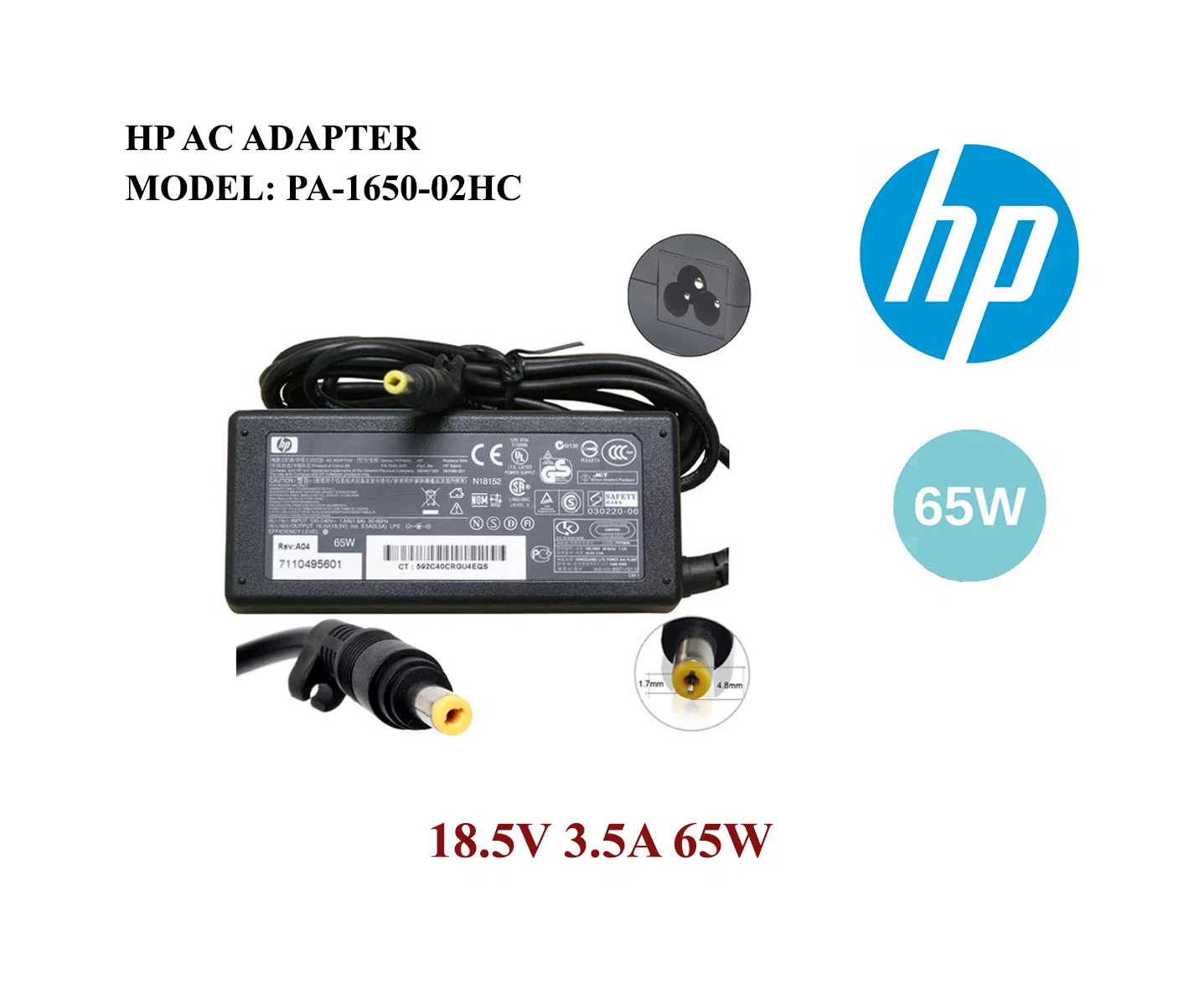 Adapter "HP 18.5V 3.5A Small Yellow Pin" — şəkil 1