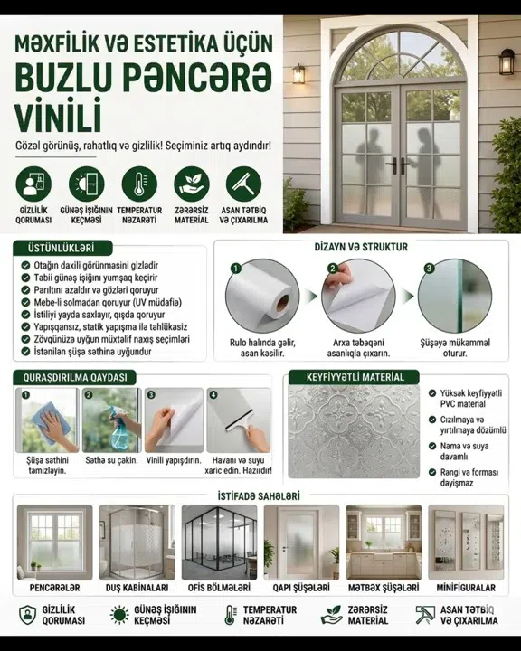 Buzlu pəncərə vinili, şüşə üçün dekorativ örtük - Tenderyard