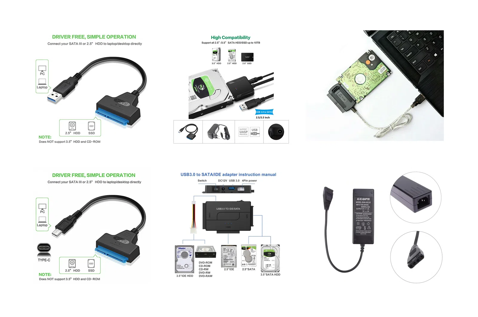 USB 3.0 to SATA HDD/SDD Adapters, Cables & Connectors