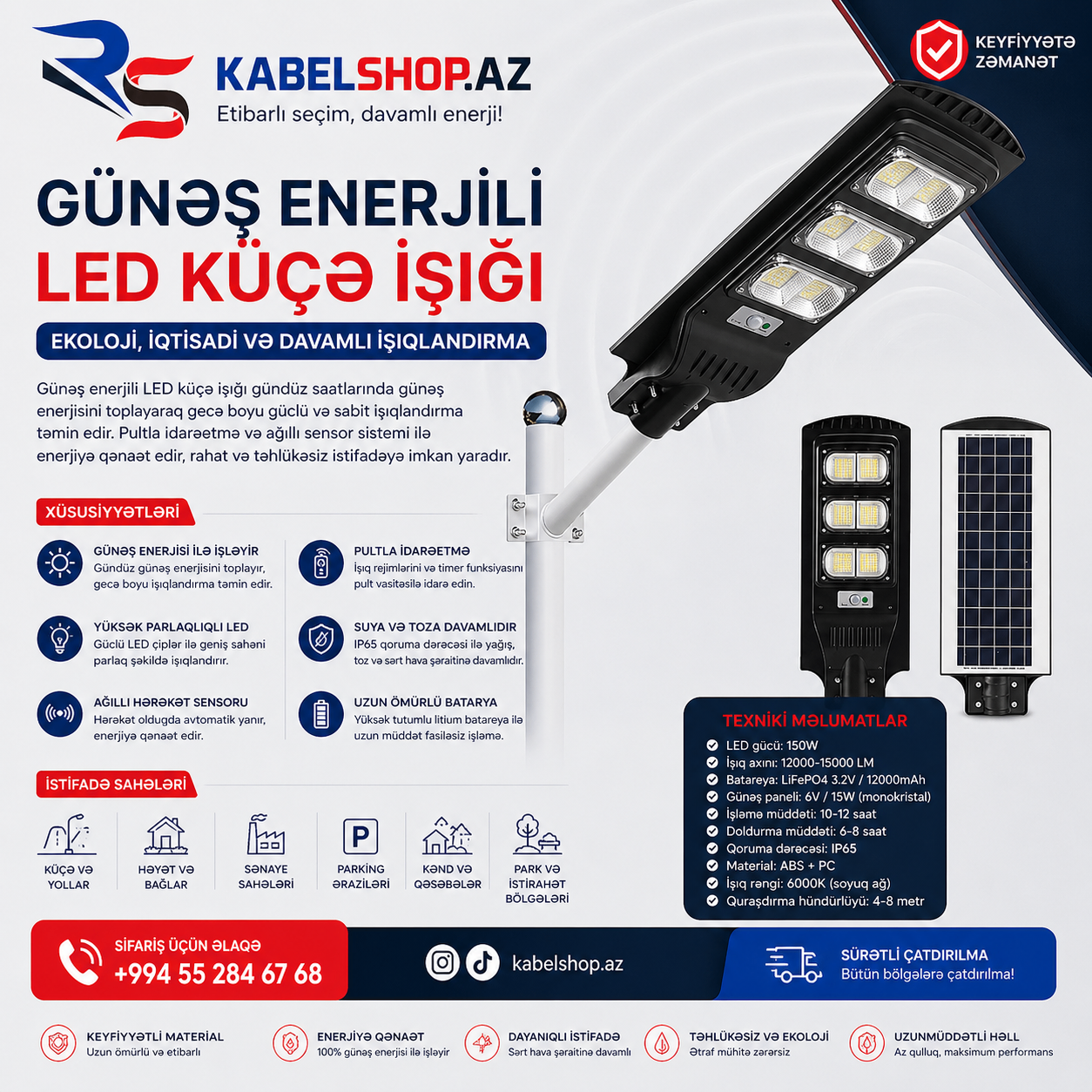 Günəş Enerjili 150W LED Küçə İşığı - Tenderyard
