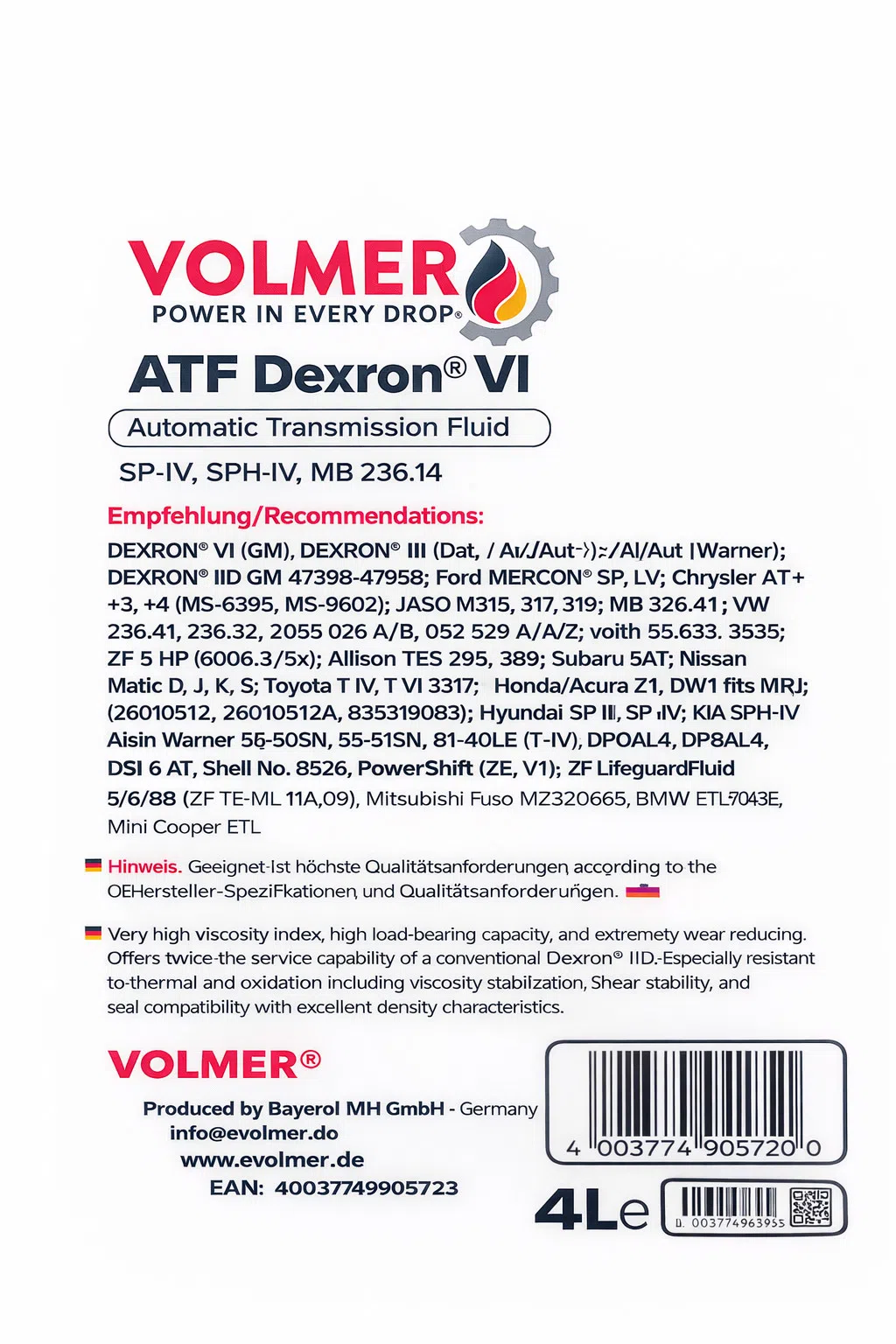 Volmer ATF Dexron VI Avtomat Transmissiya Yağı, 4 Lt — şəkil 1