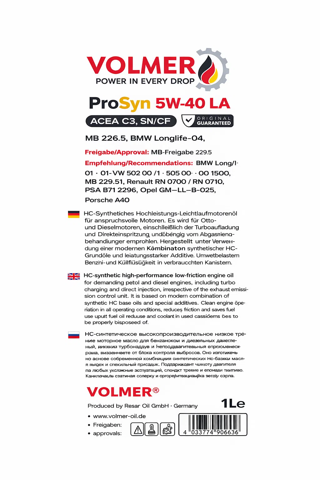 Volmer ProSyn 5W-40 LA Motor Yağı, 1 L