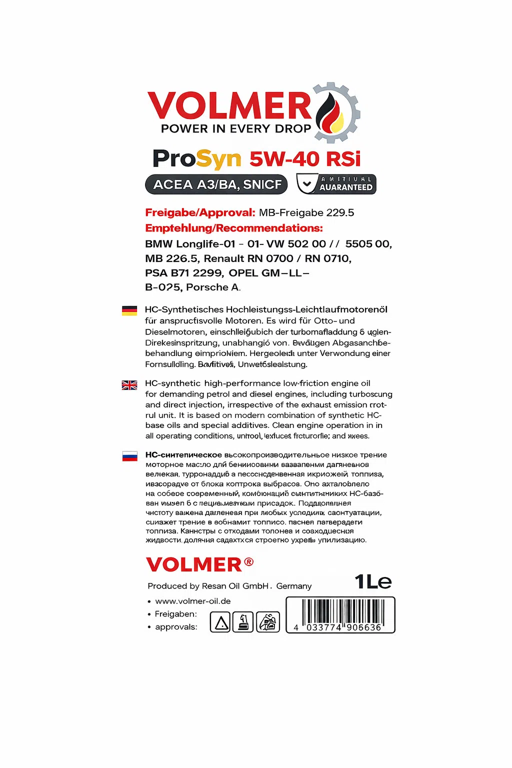 Volmer ProSyn 5W-40 RSi Motor Yağı, 1 L — şəkil 1