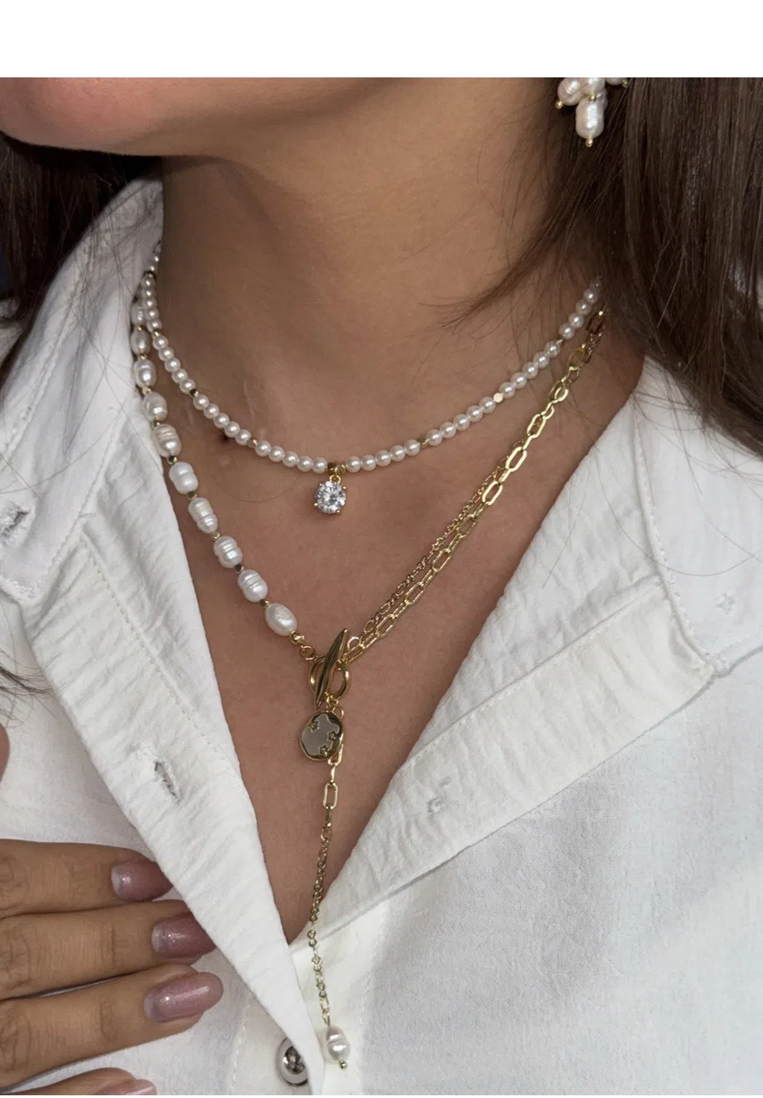 Təbii mirvari və qızılı zəncirli boyunbağı dəsti