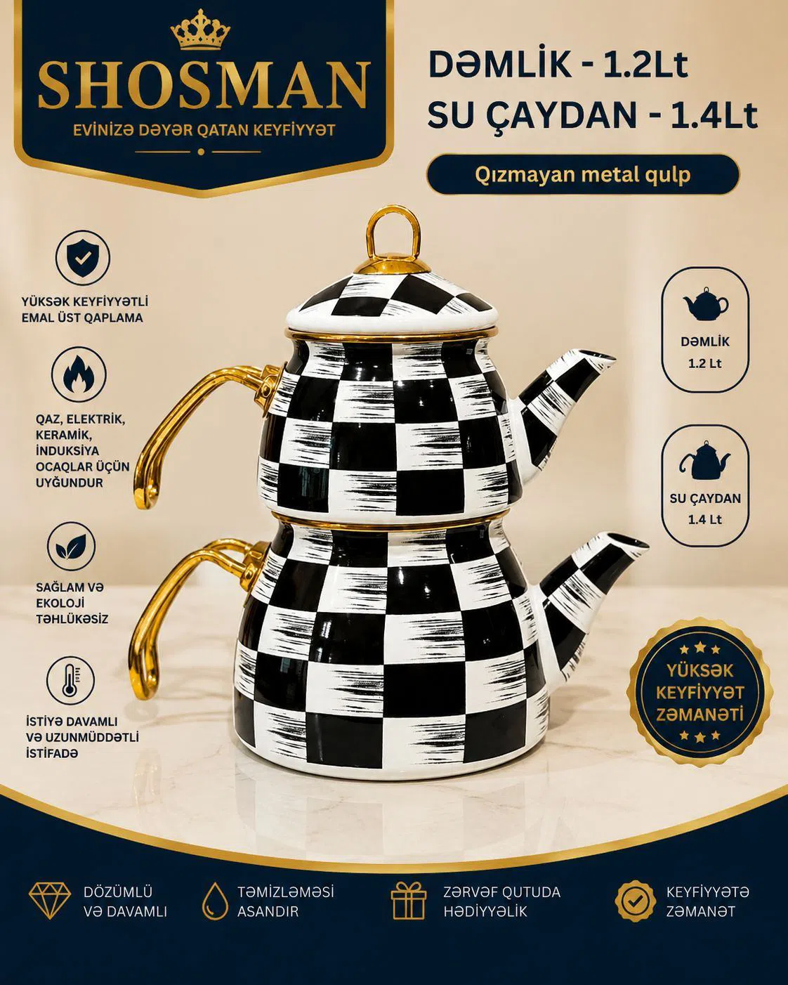 Shosman 3 hissəli emaye çaydanlıq seti, 2.4lt və 1.2lt