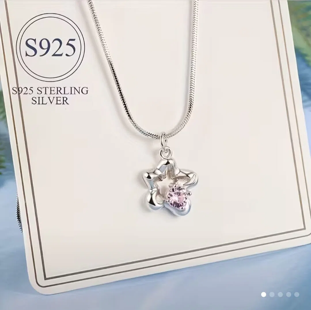 S925 Sterling Gümüş Ulduz Formalı Çəhrayı Daşlı Boyunbağı - Tenderyard