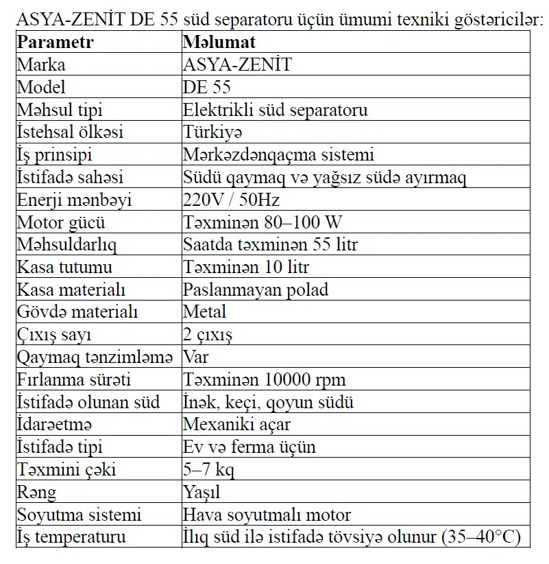 Asya Zenit DE-55 elektrikli süd separatoru — şəkil 2