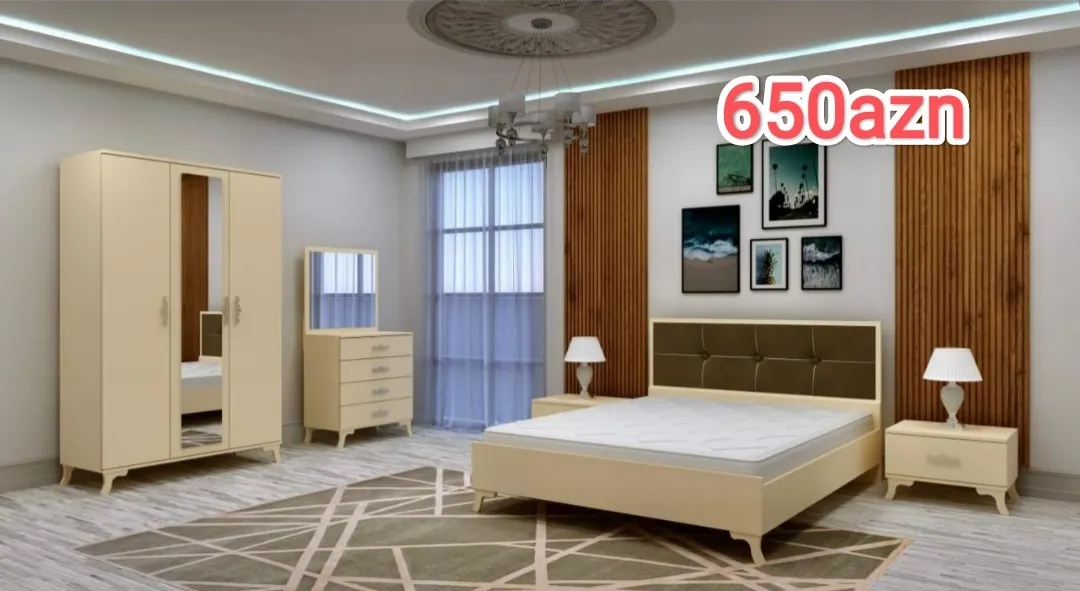 Laminate material bedroom set, Beige color - Tenderyard