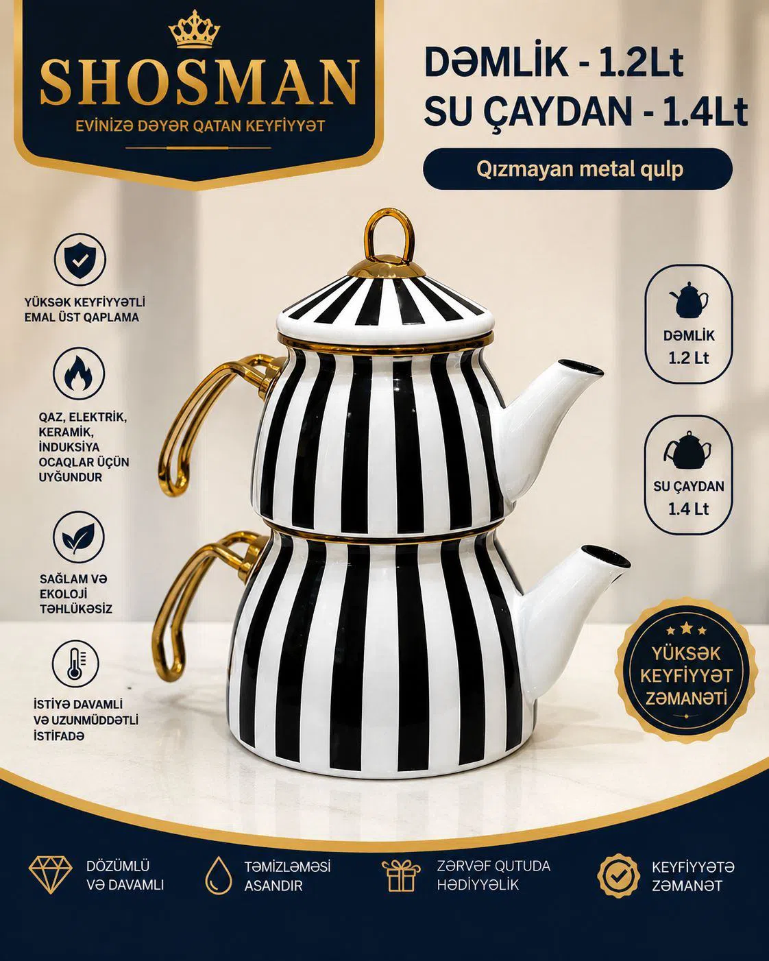 3 pcs emaye çaydanlıq seti, 2.4lt və 1.2lt — şəkil 1
